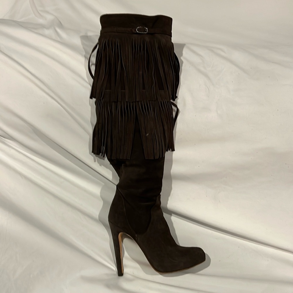 Charles David Dark Brown Suede Fringe Over-the-Knee Heeled Boots